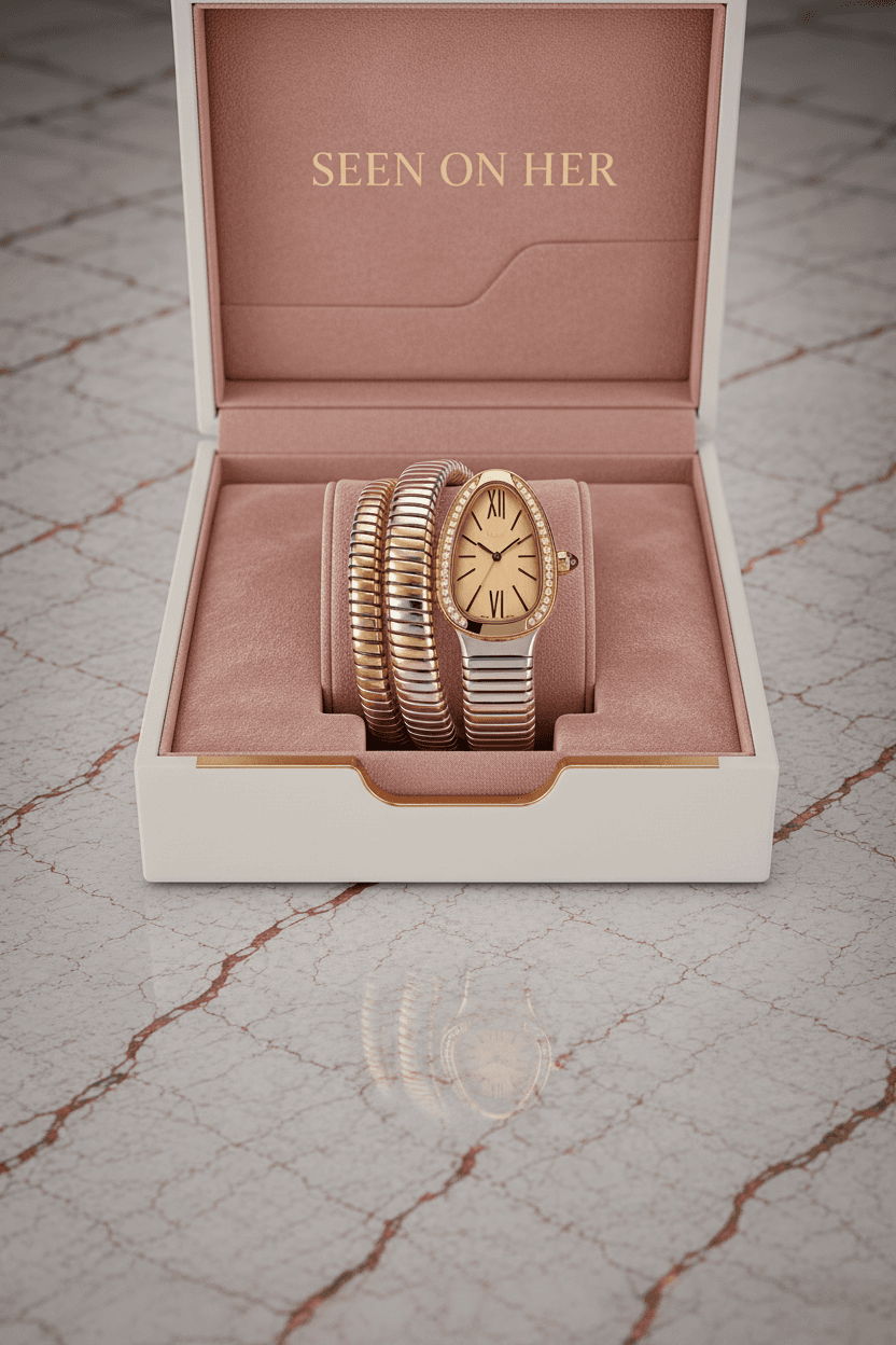 SeenOnHer watch in branded box on marble background